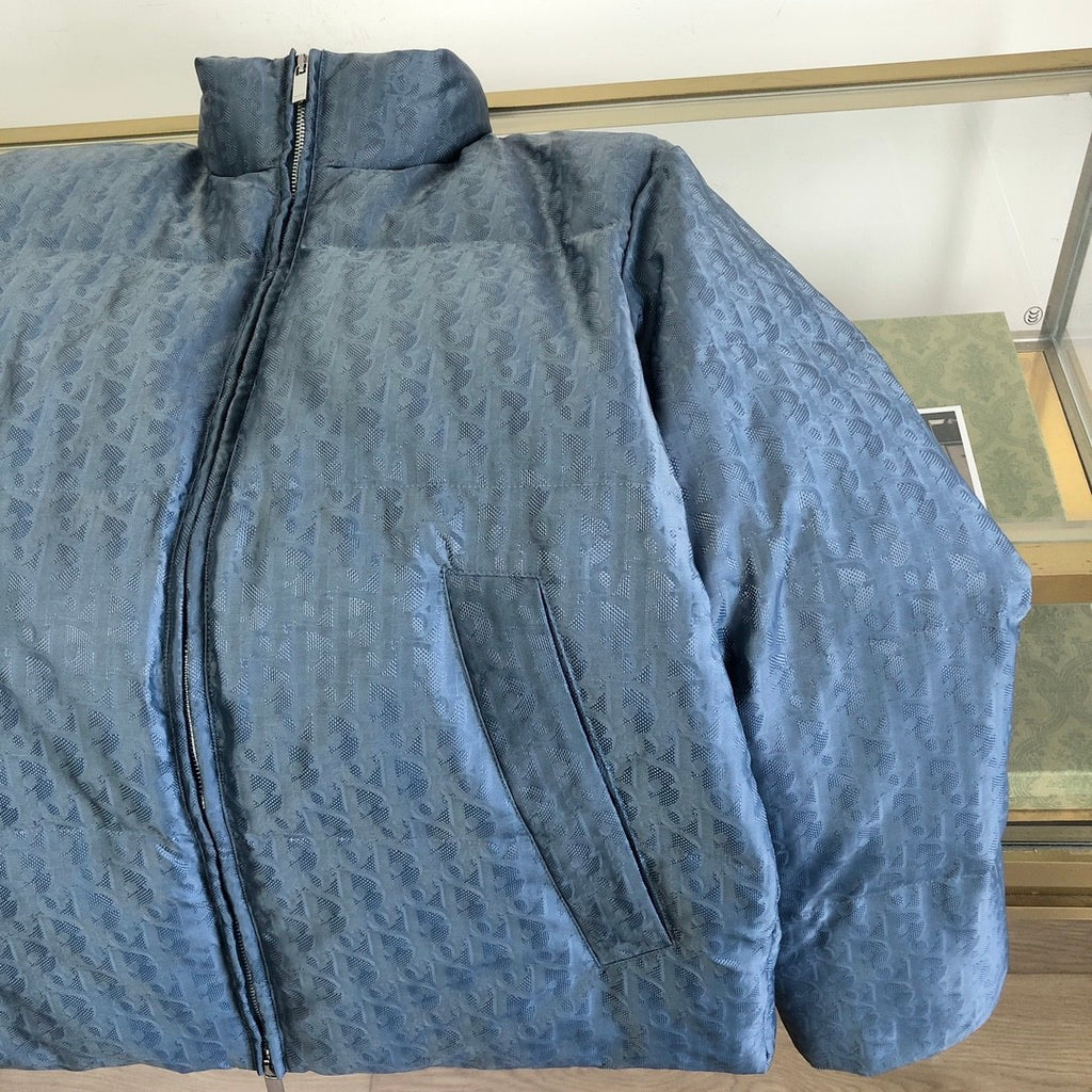 Dior Men's Fall And Winter Blue Dark Logo Print Lapel Single Breasted Long Sleeved Puffer Down Jacket #74511