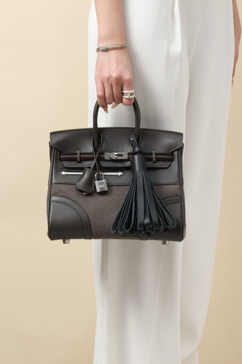 Hermes Birkin Go Team 25 BKG25 Women's Solid Color Wool Felt and Calfskin Handbag Bag Bags #77527