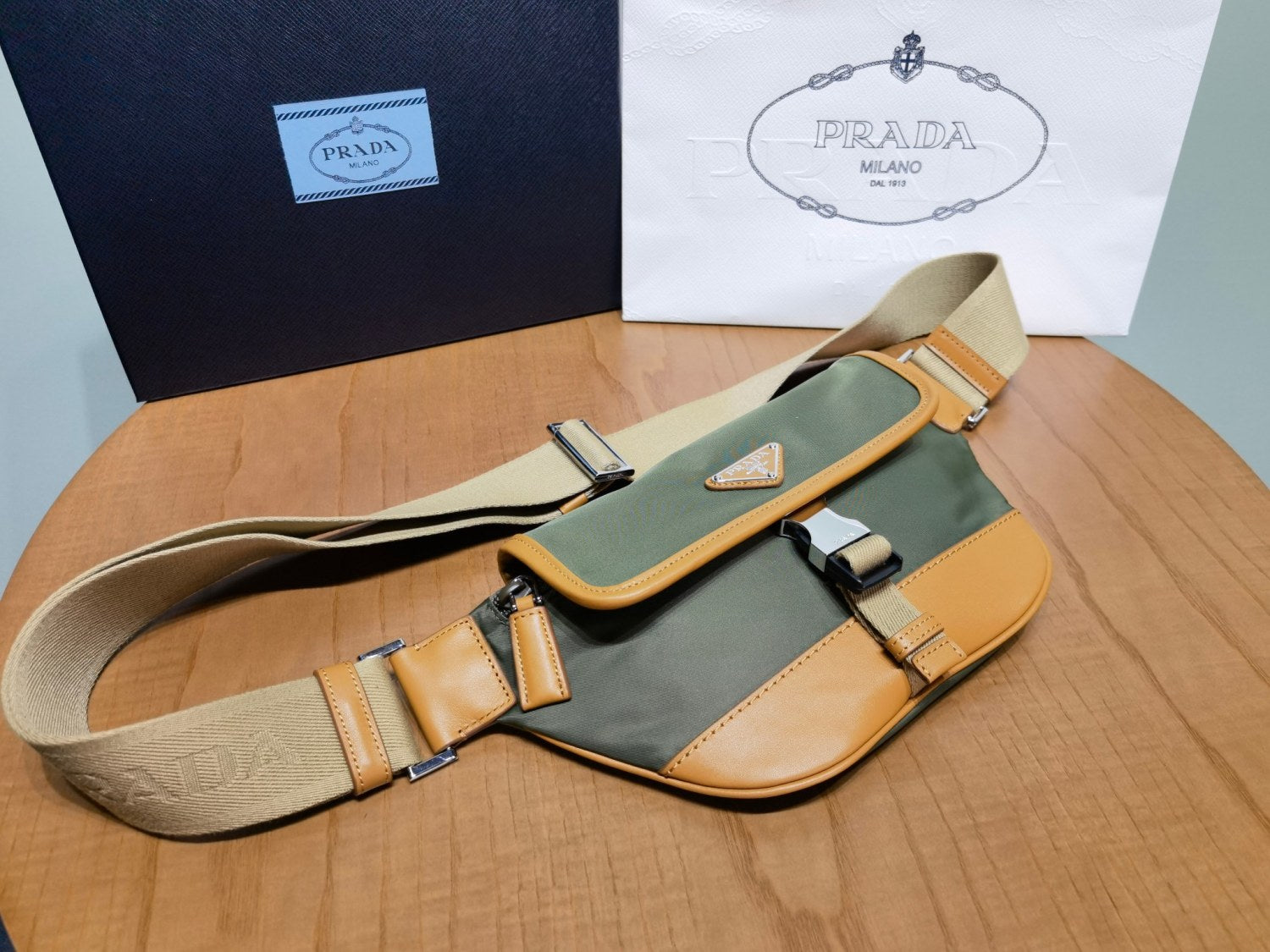 Prada Men's Enameled Metal Triangle Label Re-Nylon and Leather Shoulder Bag Waist Bags #76294
