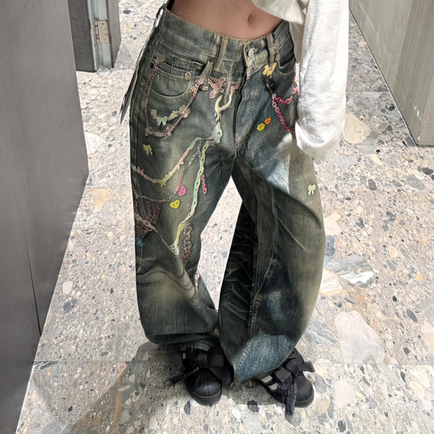 Acne Studios Men'S Women'S Four Seasons 3d Print Chain Print Loose Fit Jeans Fashion High Street Machete Pants Jeans  Ngvp #1343