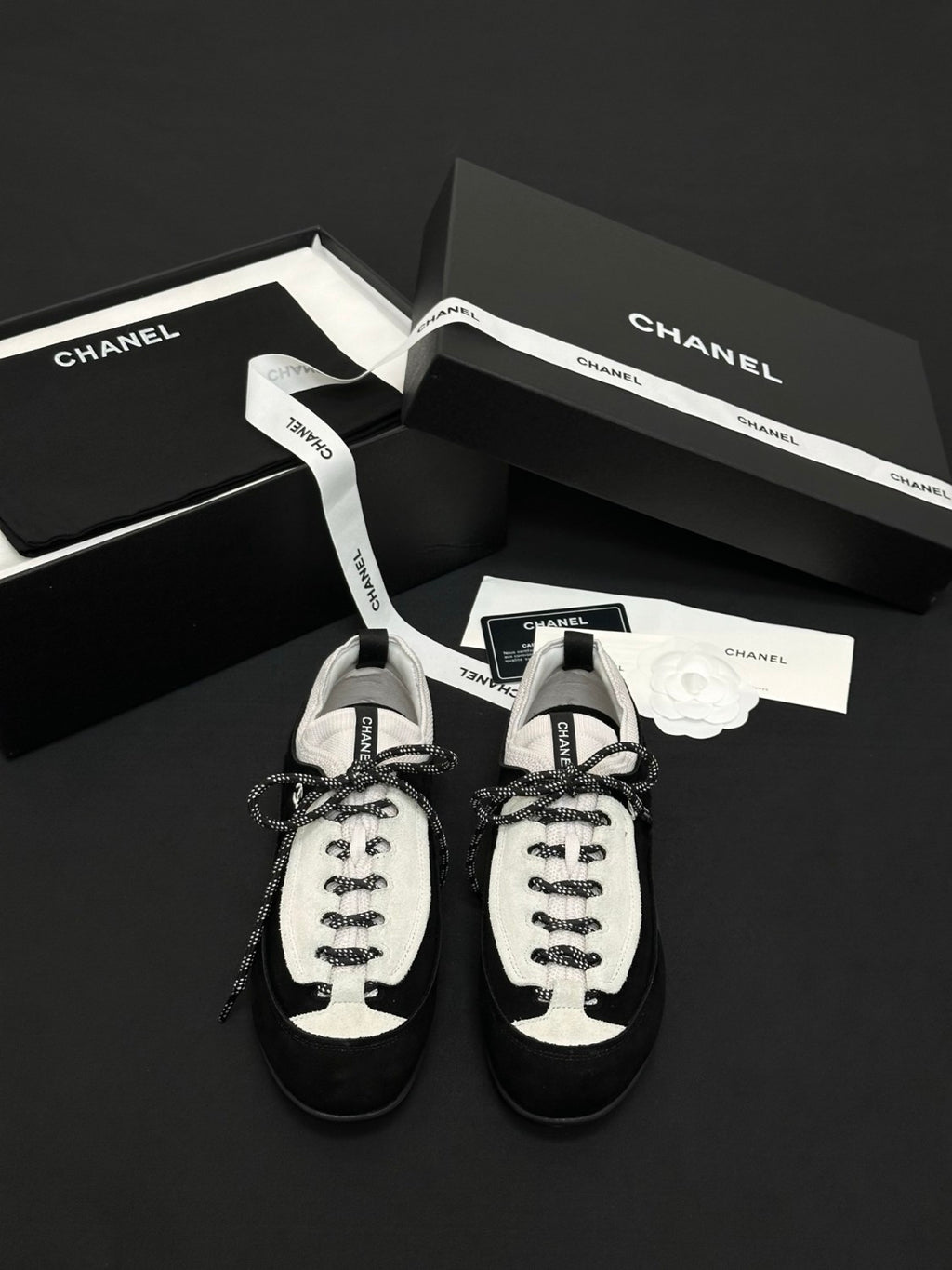 CHANEL Sneakers Velvet Calfskin Mixed Fibers Black White #386496