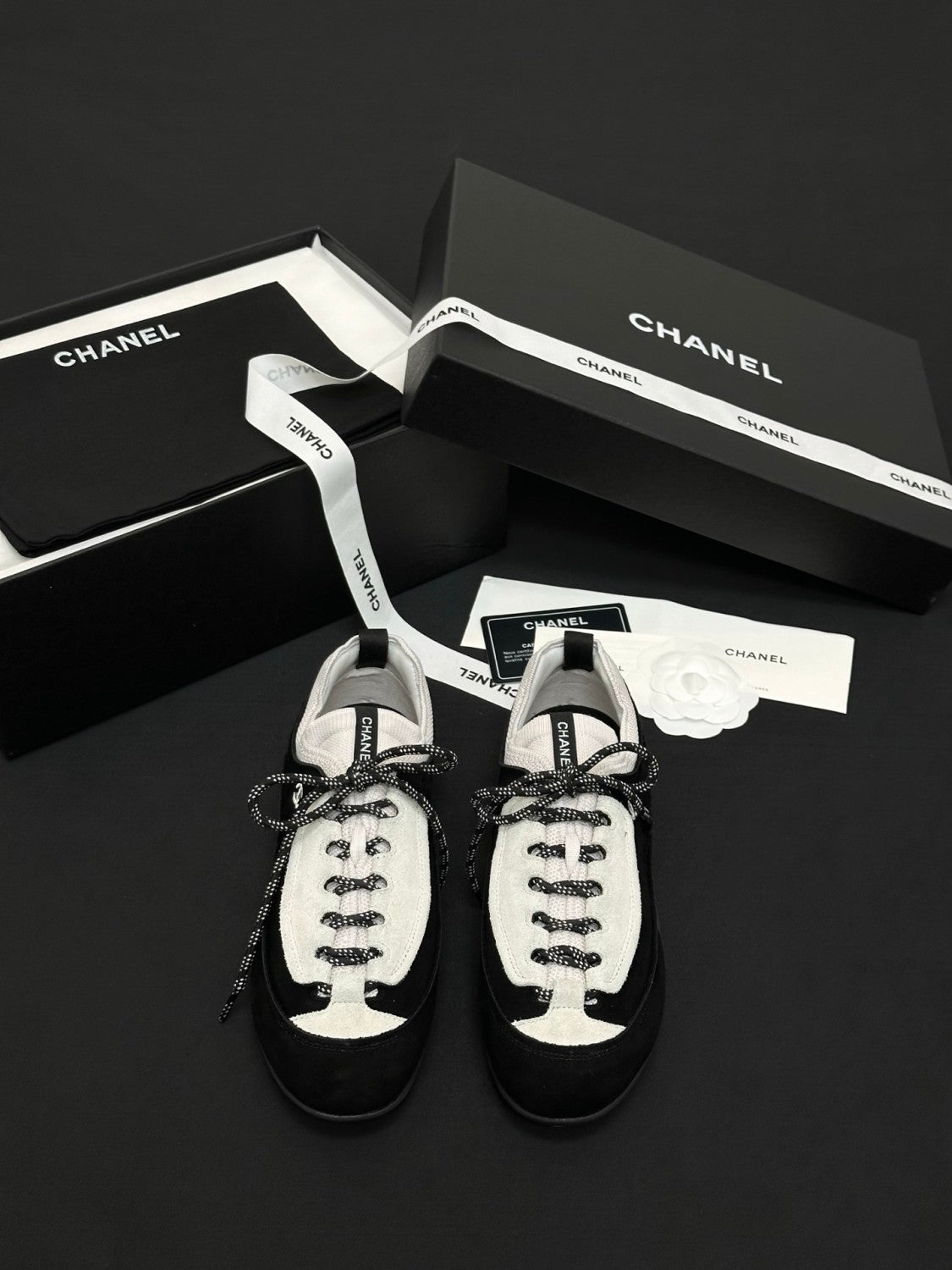 CHANEL Sneakers Velvet Calfskin Mixed Fibers Black White #386496