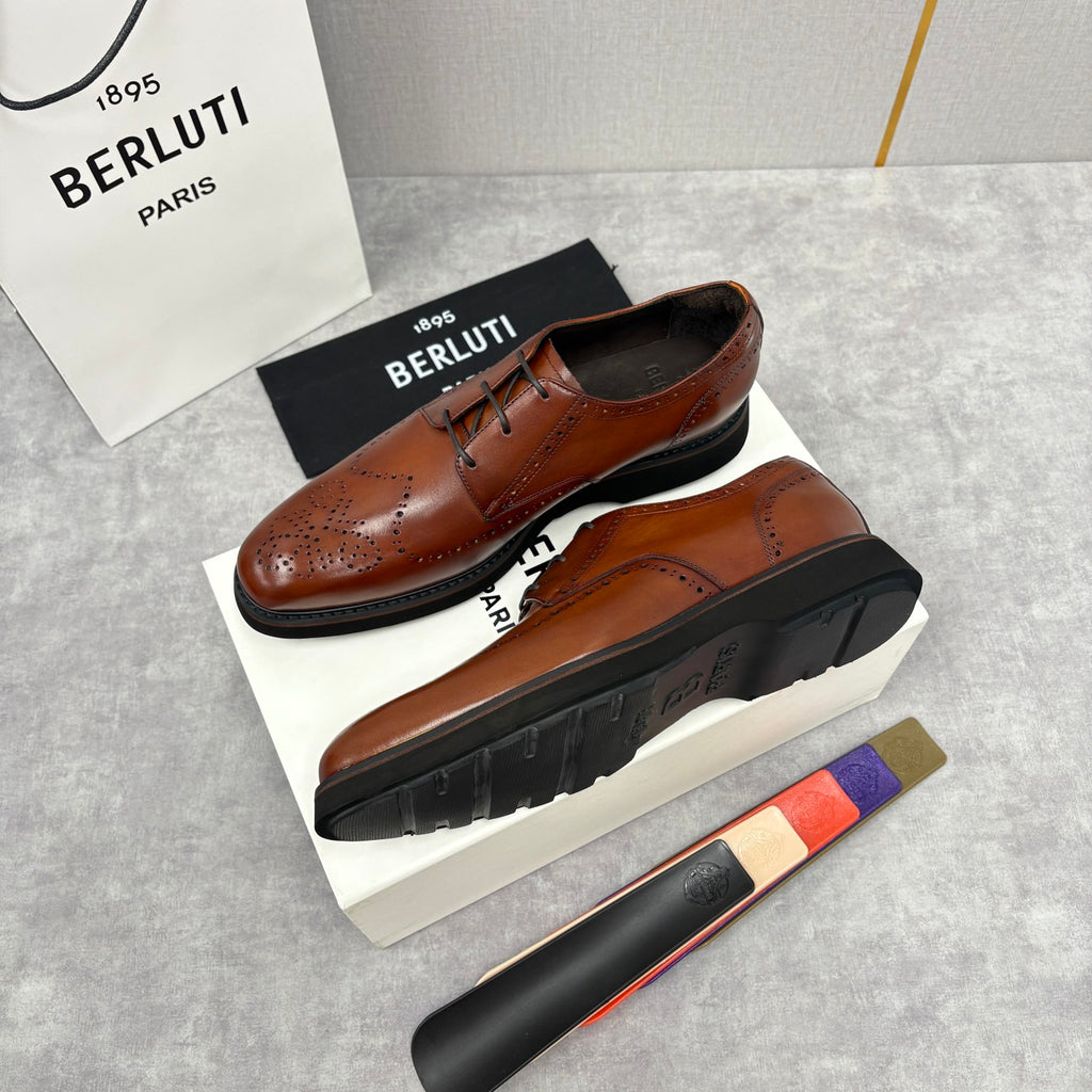 Berluti Alessio Natural Men's Spring/Fall Fashion Classic Leather Brogue Oxford Shoes with Thick Rubber Sole Calfskin Derby Shoes #78573