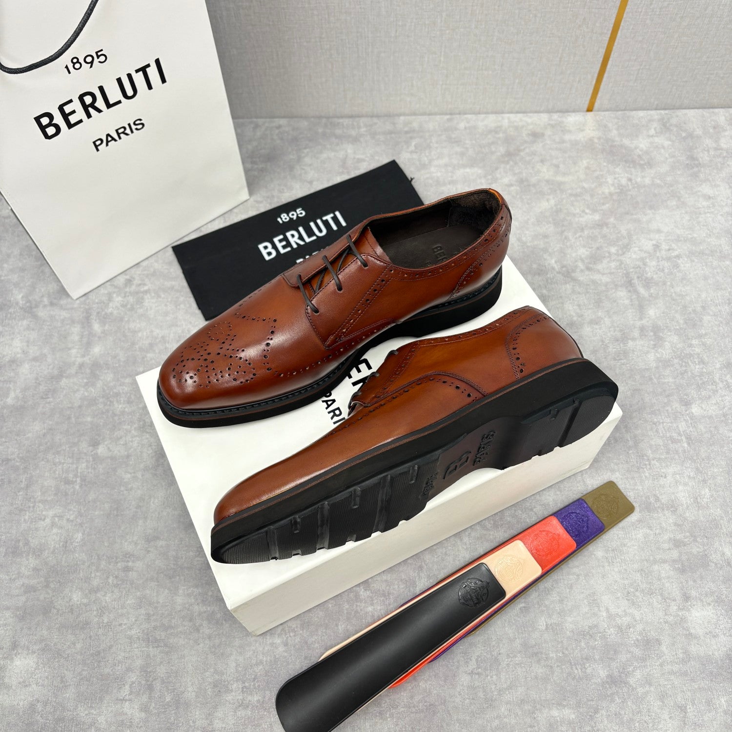 Berluti Alessio Natural Men's Spring/Fall Fashion Classic Leather Brogue Oxford Shoes with Thick Rubber Sole Calfskin Derby Shoes #78573