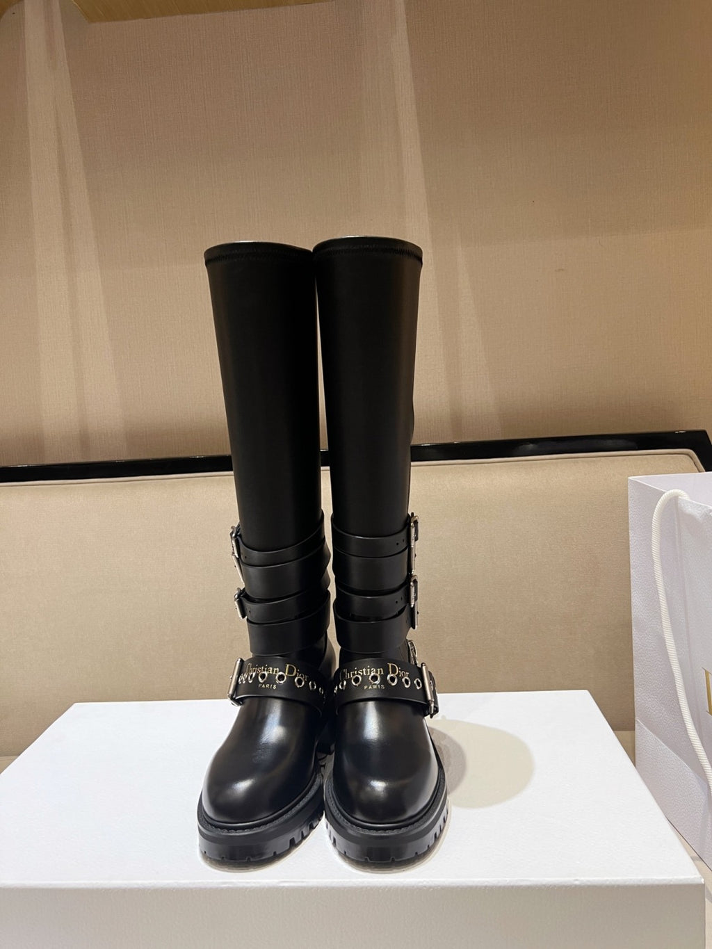 Dior D-Fight Women's Classic Trendy Round-Toe Zipper Chunky Heel Leather Knee-High Boots Shoes #78765