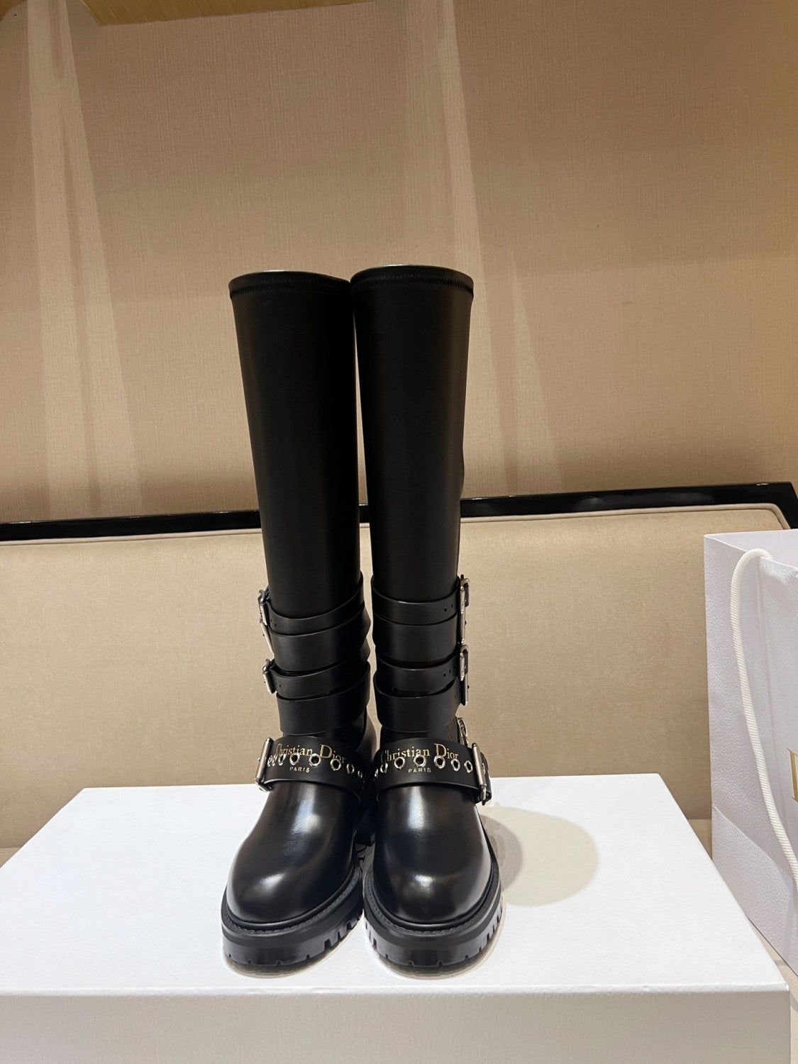 Dior D-Fight Women's Classic Trendy Round-Toe Zipper Chunky Heel Leather Knee-High Boots Shoes #78765