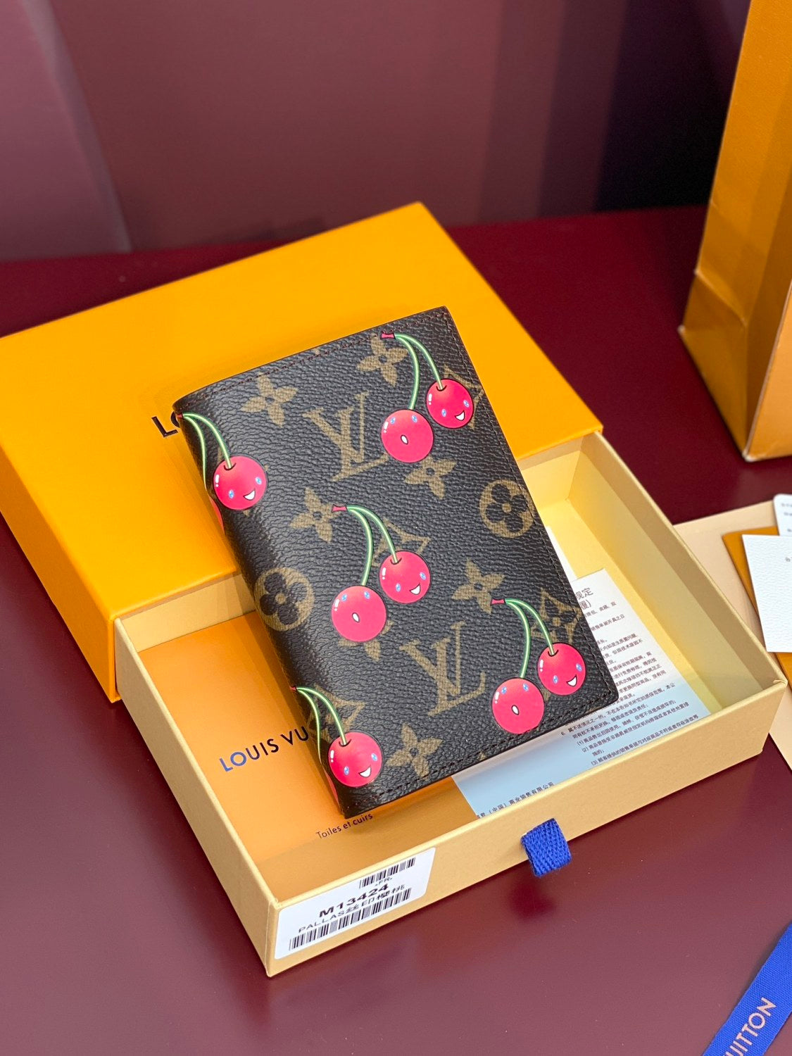 Louis Vuitton LV x TM Women's Brown Leather Passport Wallet with Cherry Pattern Print Bag Bags #77594