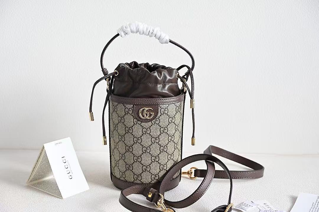 Gucci Ophidia Women's Brown Adjustable Shoulder Strap Drawstring Closure Canvas Spell Leather Bucket Bag Single Shoulder Crossbody Handbag Bags #75549