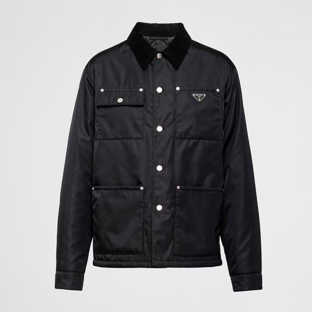 Prada Men's Spring and Fall Fashion Black Casual Lapel Multi-Pocket Long Sleeve Re-Nylon Drawstring Jacket #98711