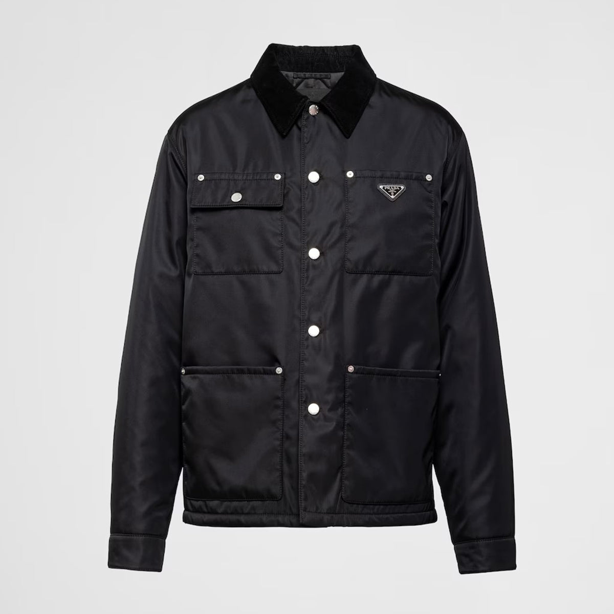 Prada Men's Spring and Fall Fashion Black Casual Lapel Multi-Pocket Long Sleeve Re-Nylon Drawstring Jacket #98711