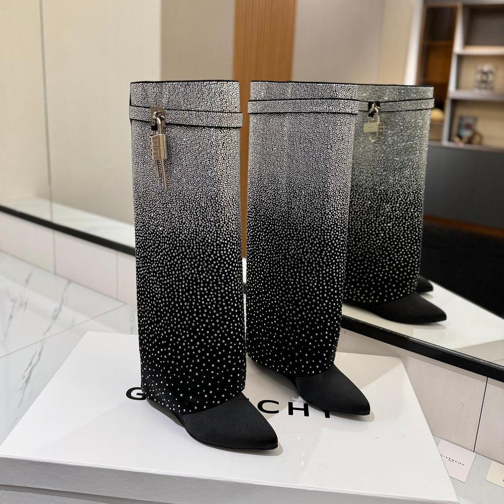 Givenchy Women's Fall/winter Fashion Classic Pointed Toe Cuffed Ankle Boots With Small Diamonds High Heel Long Boots Shoes #79255