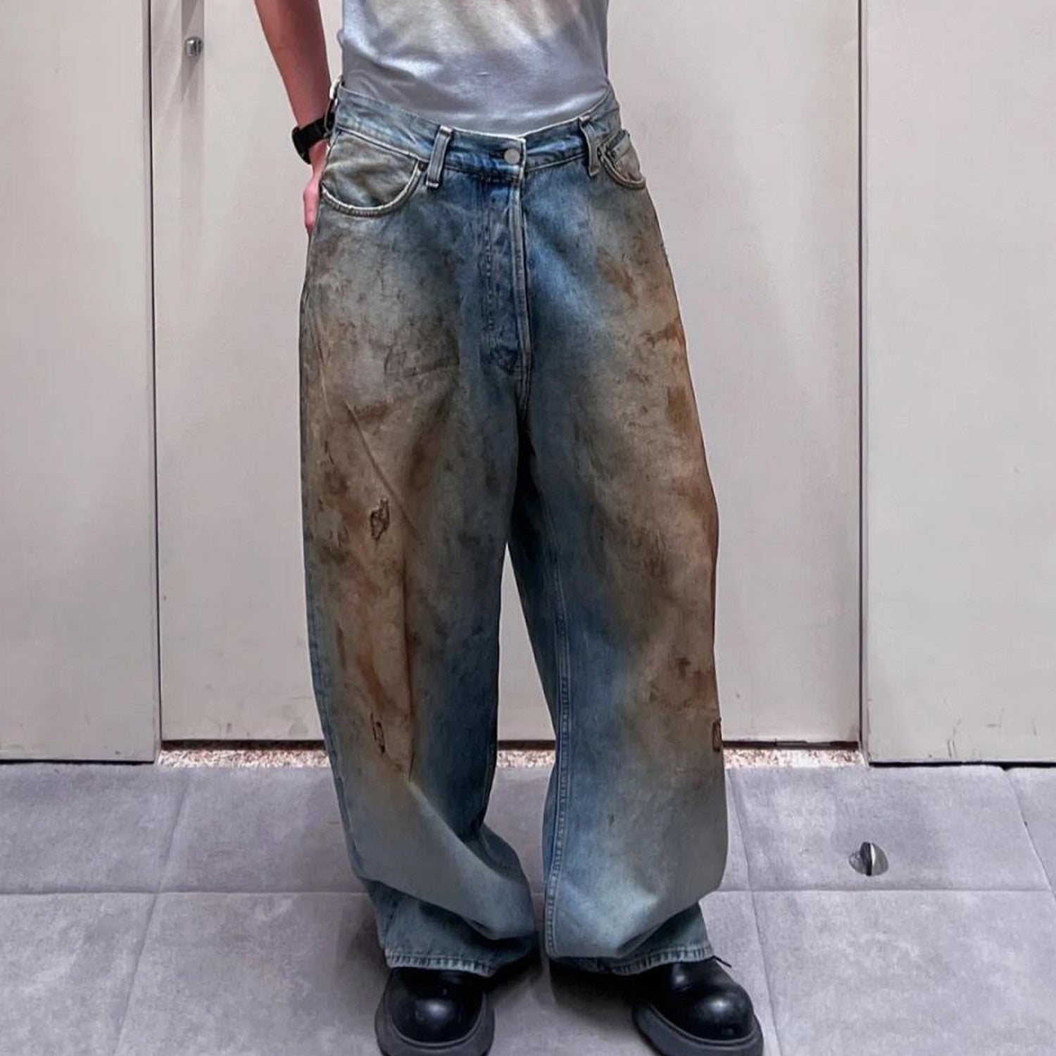Men's Four Seasons Do Old Low Waist Zipper Closure Solid Color Cotton Loose Denim Jeans Autonomous Label-Free Casual Pants Ngvp #9922