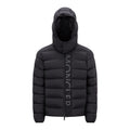 Moncler Men's Winter Black Letters Logo Print Zipper Hooded Short Puffer Down Long Sleeve Jacket #73745