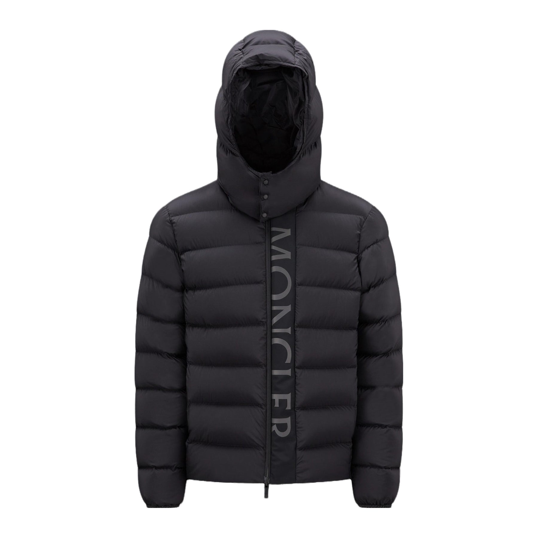 Moncler Men's Winter Black Letters Logo Print Zipper Hooded Short Puffer Down Long Sleeve Jacket #73745