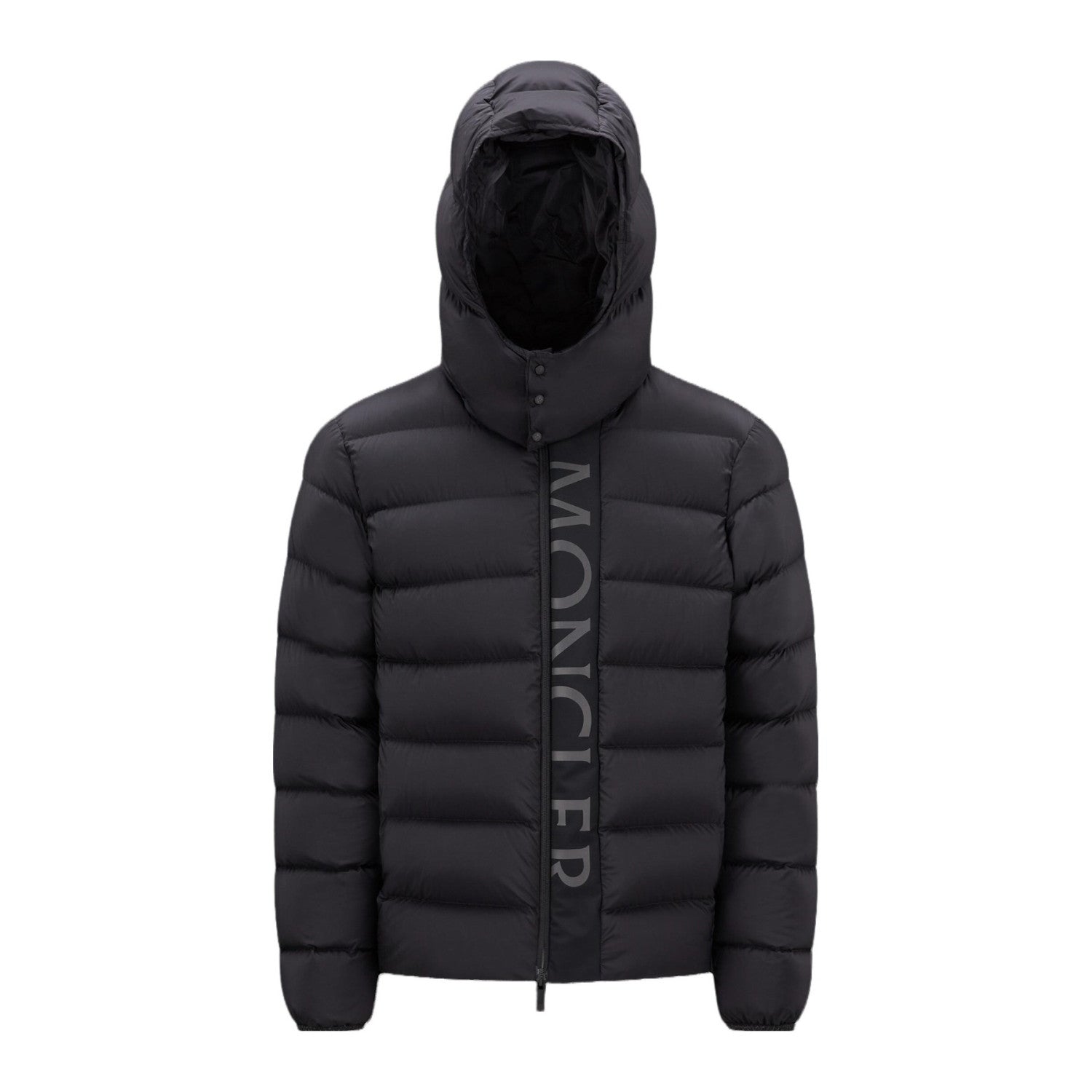 Moncler Men's Winter Black Letters Logo Print Zipper Hooded Short Puffer Down Long Sleeve Jacket #73745