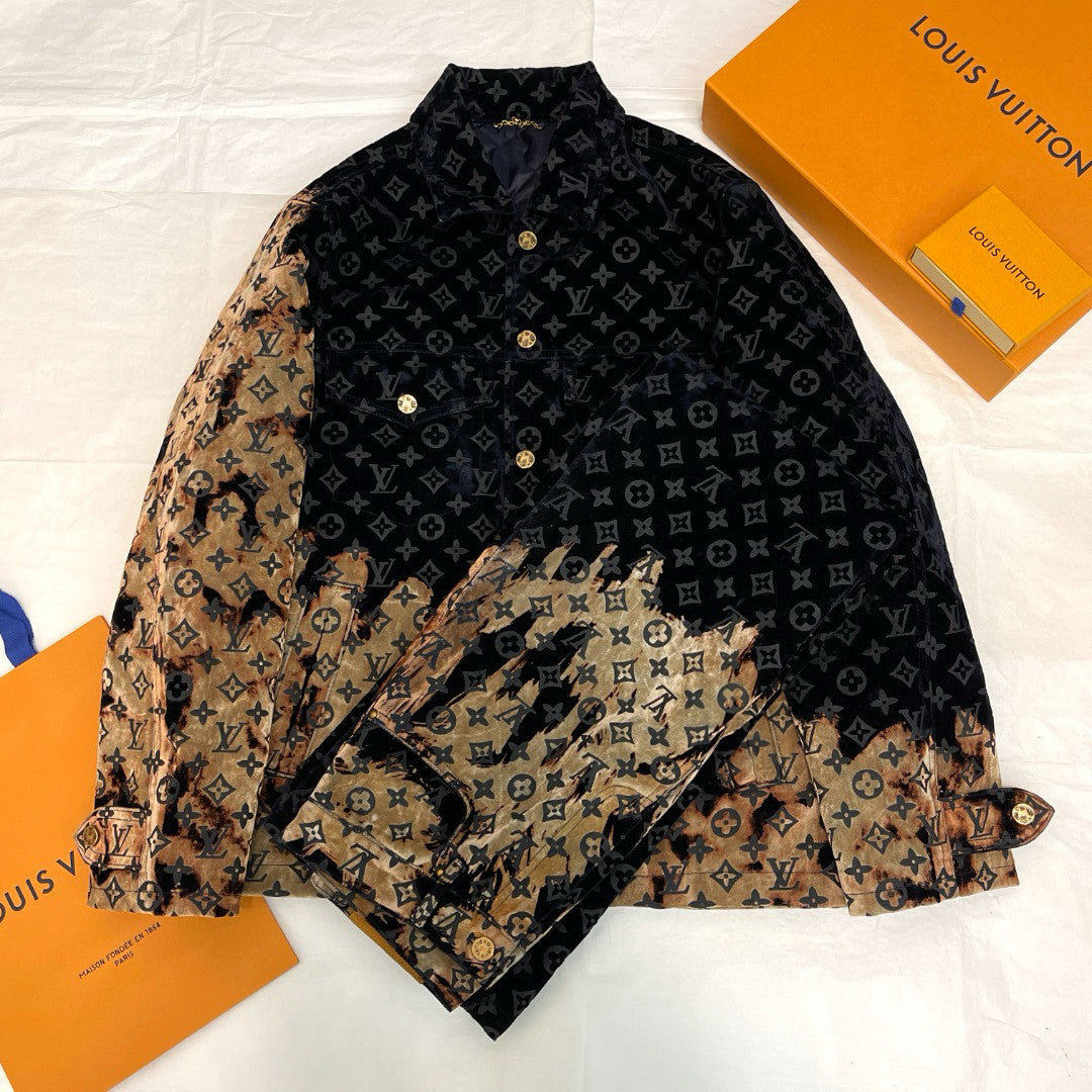 Louis Vuitton Men's Autumn and Winter Pattern Printed Lapel Single Breasted Denim Jacket Jeans Pants Set Suit #97775