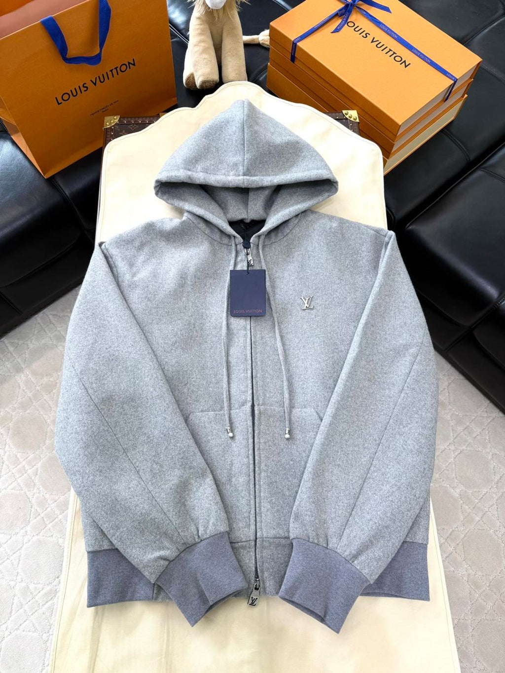 Louis Vuitton Men's Spring and Autumn Solid Color Wool Fabric Hooded Zipper Long Sleeve Jacket #76269
