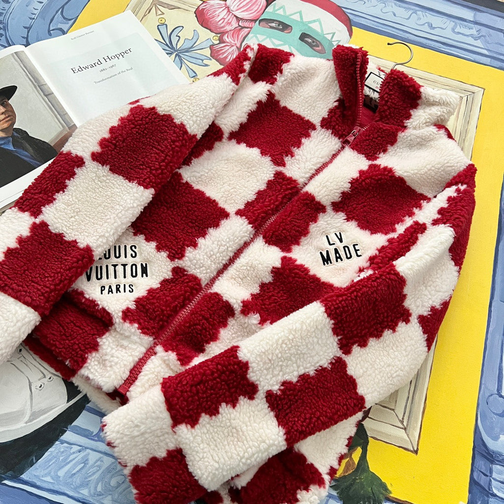 Louis Vuitton Men's Winter Red and White Plaid Lamb's Wool Zipper Jacket #96984