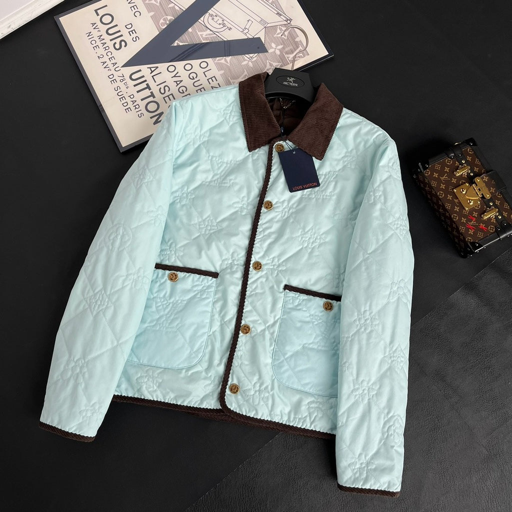 Louis Vuitton Men's Fall And Winter Light Blue Patchwork Fitted Lapel Single Breasted Long Sleeved Jacket #73167