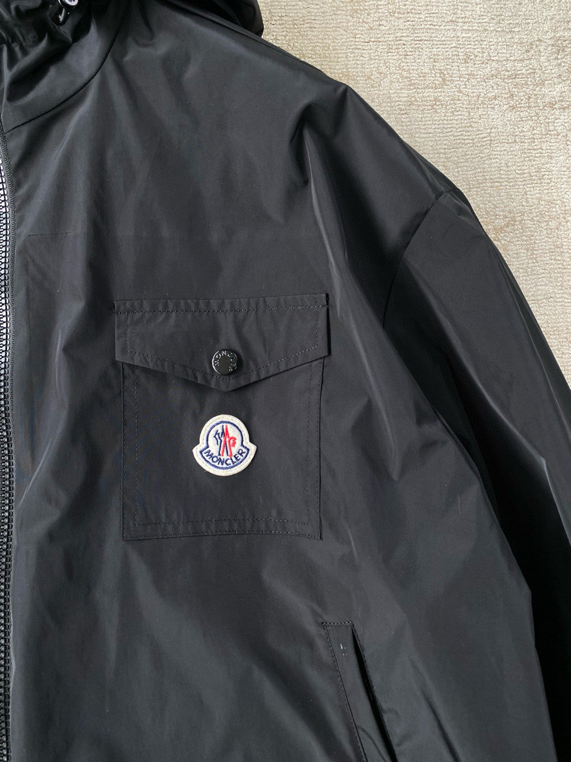 Moncler Men's Spring and Fall Black Logo Patch Straight Long Sleeve Zipper Hooded Lightweight Jacket #98779