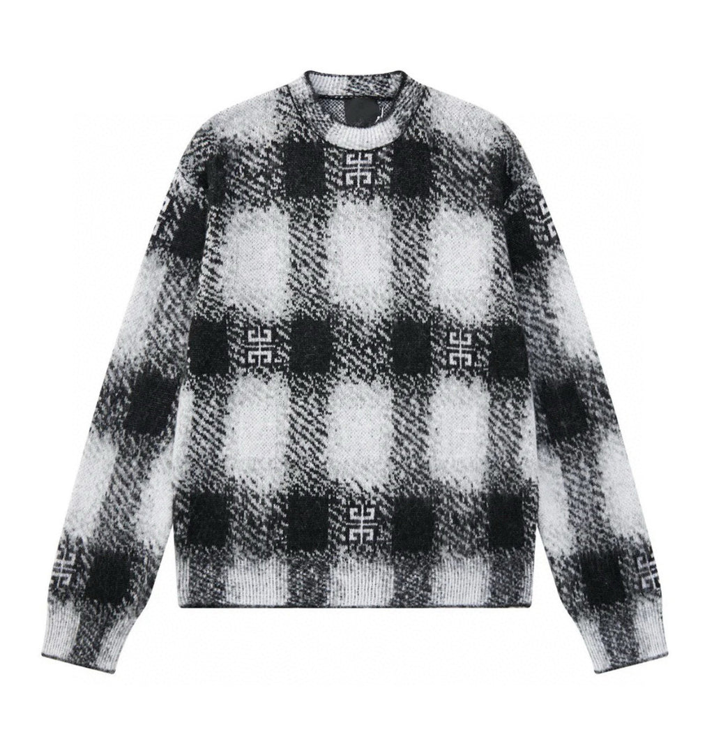 Givenchy Men's Autumn Black and White Check Mohair Cotton Knit Pullover Sweater #97723
