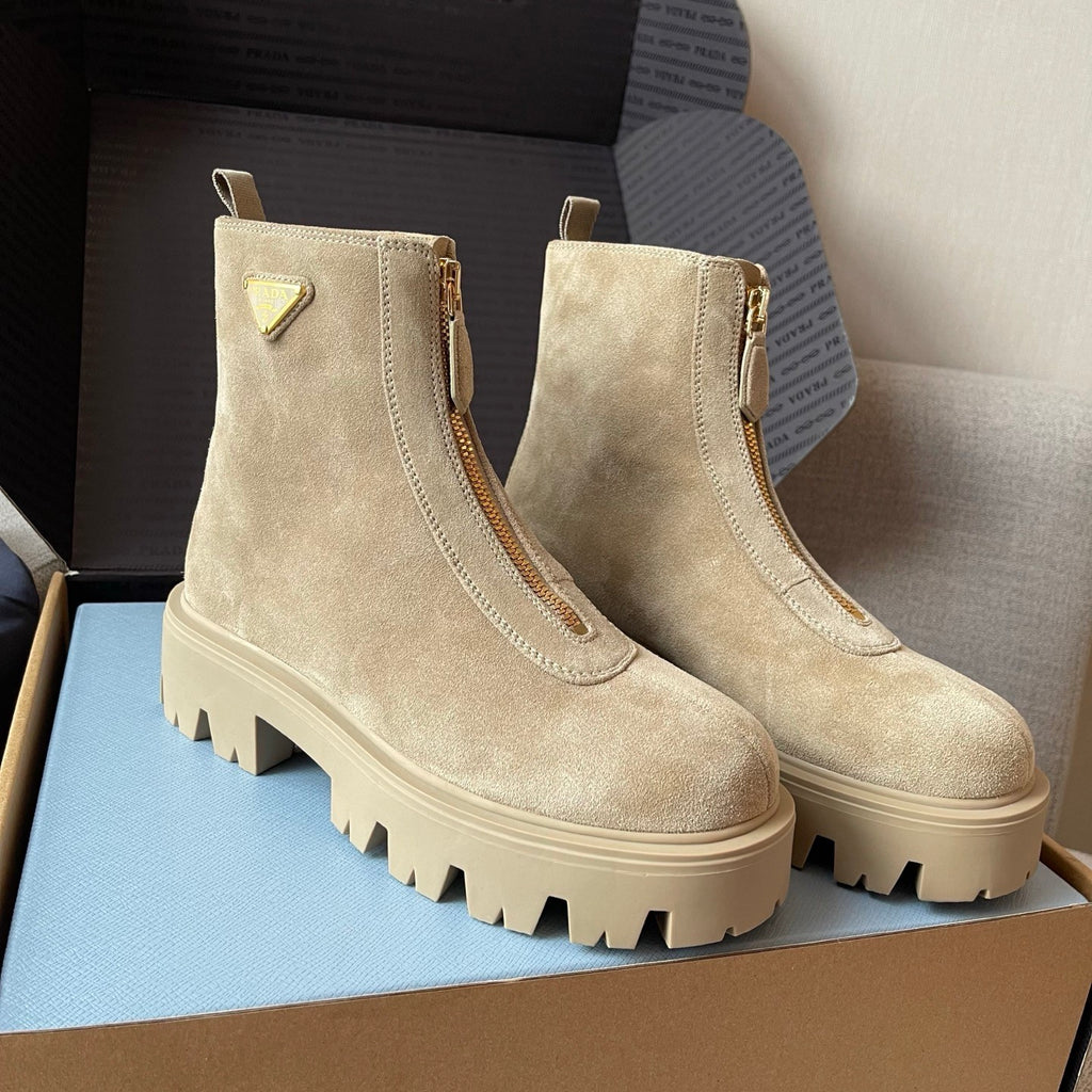 PRADA  Desert Yellow Suede Booties with Zip Classic Triangle Logo British Style Retro Short Boots Cow Suede #330178