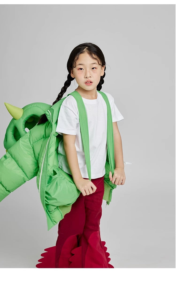 Kid's Autumn And Winter Solid Color Three-Dimensional Cutting Dinosaur Cap Hooded Loose Long-Sleeved Puffer Down Jacket #31323