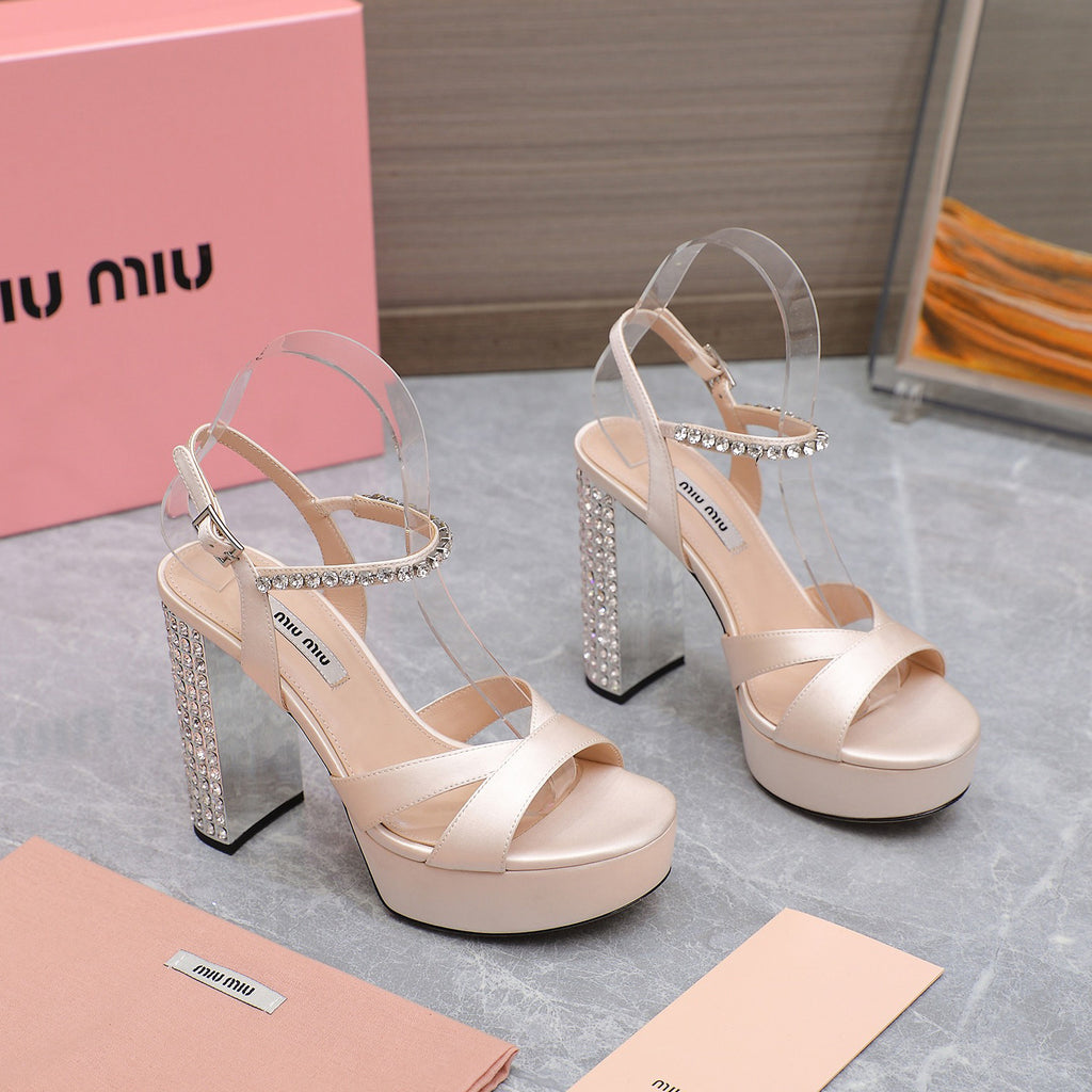 MiuMiu Women's Summer Solid Colour Sheepskin Diamonds High Heeled Sandals Shoes #76786