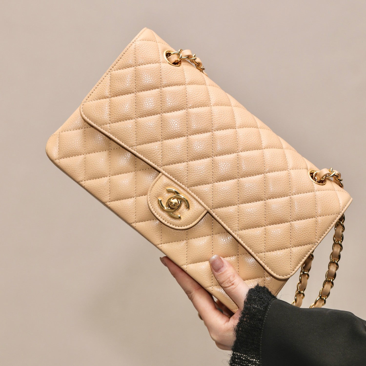 Chanel Classic Flap CF 23/25 Classic Chain Grainy Calfskin Mouth Cover Bag Shoulder Crossbody Medium Large Women's Beige Bag Bags A01112-Y01864-21209 #81232
