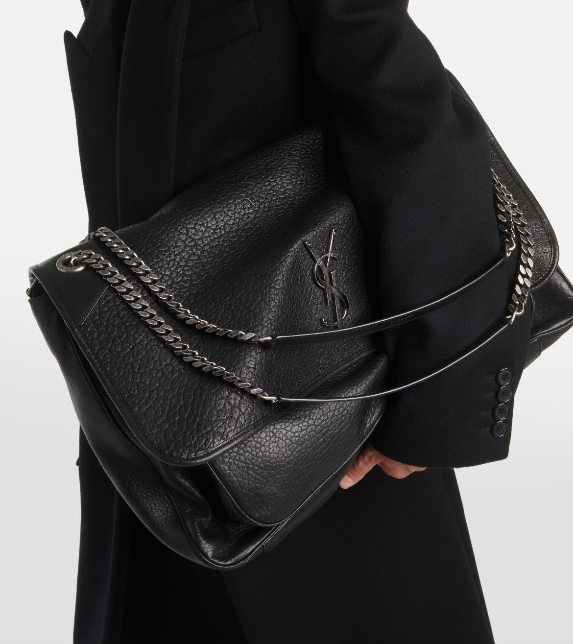 SAINT LAURENT Women's Monogram Logo Chain Grained Lambskin Niki Tote Vintage Black Oversized Bags #71456