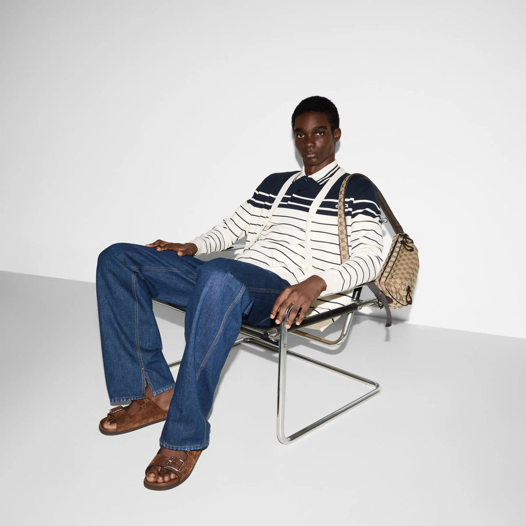 Gucci Men's Striped Logo Embroidered Summer Cotton Slim Fit Short Sleeve Polo Shirt #81176
