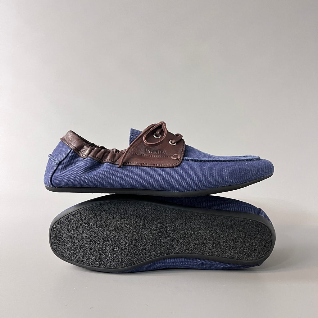 PRADA Shuffle Aged Canvas And Leather Boat Shoes #381722