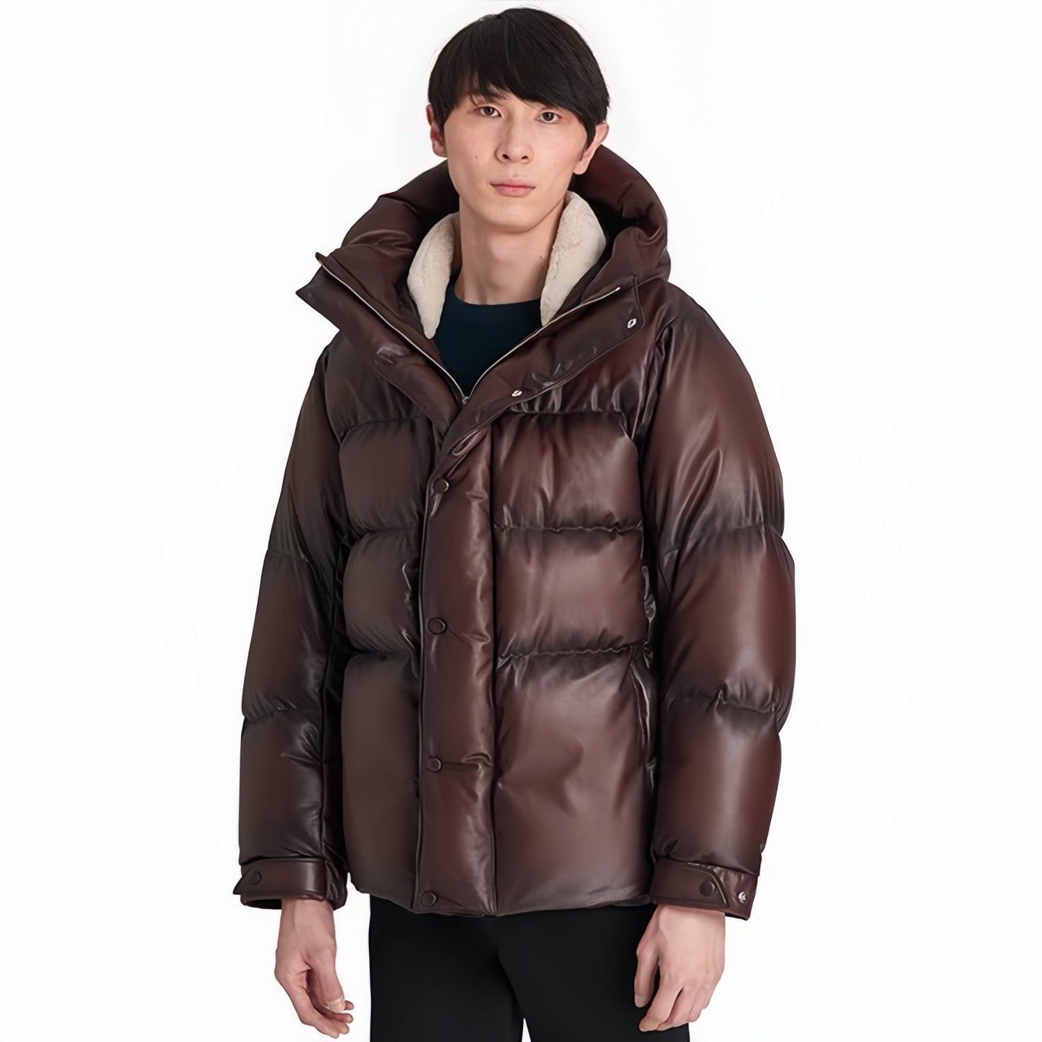 Berluti Men's Winter Solid Color Single Breasted Long Sleeve Hooded Leather Puffer Down Jacket Ngvp #7215