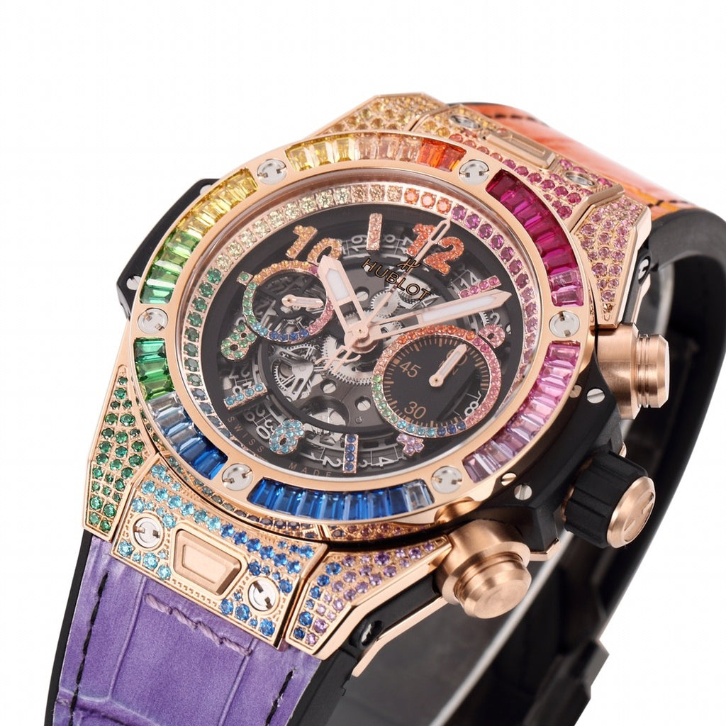Hublot Men's Automatic Mechanical Movement Date Display Chronograph Skeleton with Colorful Diamonds Watch #76264
