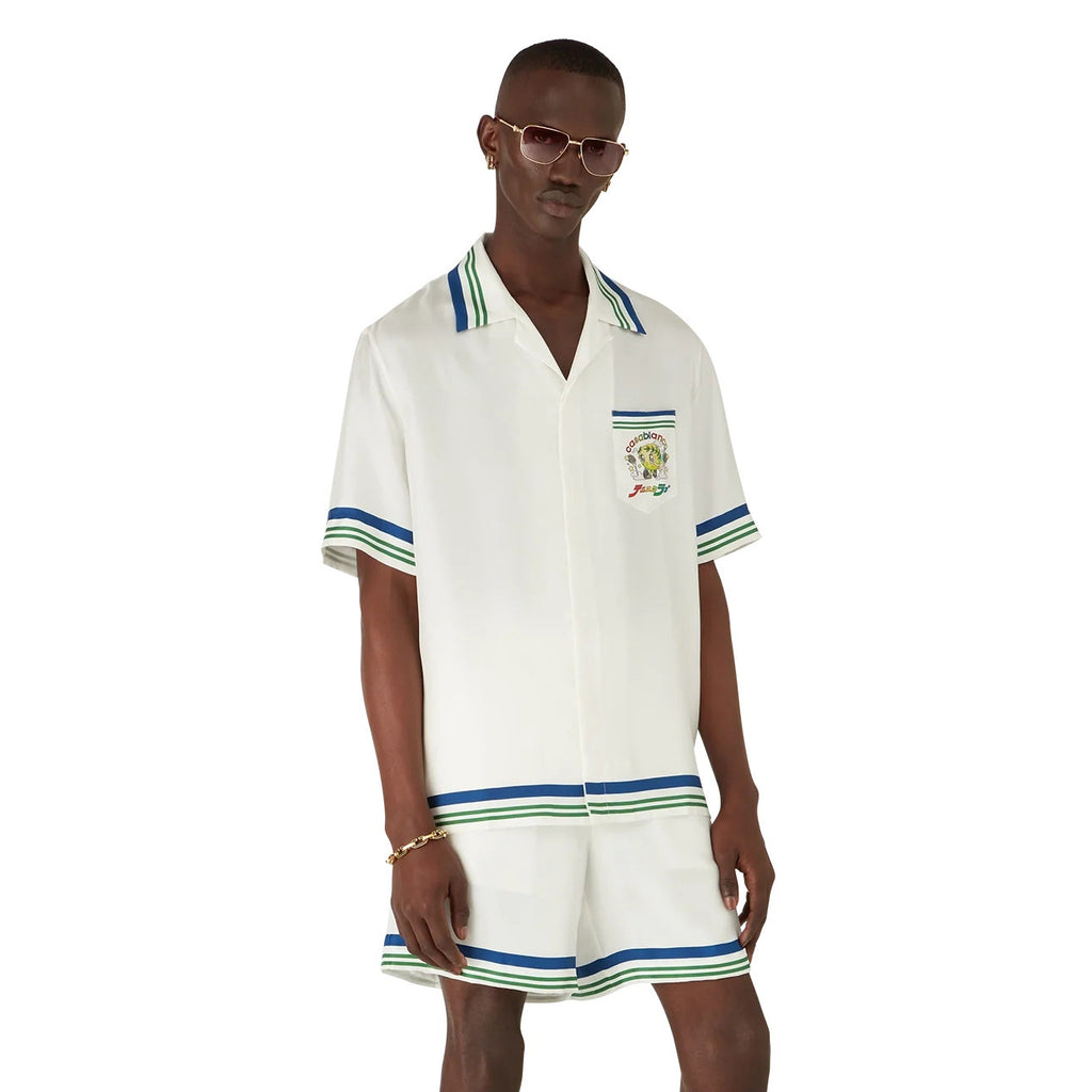 Casablanca Men's Summer Fashion Casual Doll Print Tennis Pattern Collared Single Breasted Short Sleeve Silk Shirt with Waist Elastic Silk Shorts Suit Set #78746