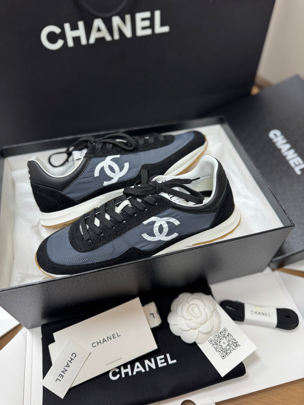 CHANEL Sneakers Calfskin Suede Calfskin White Black #381216
