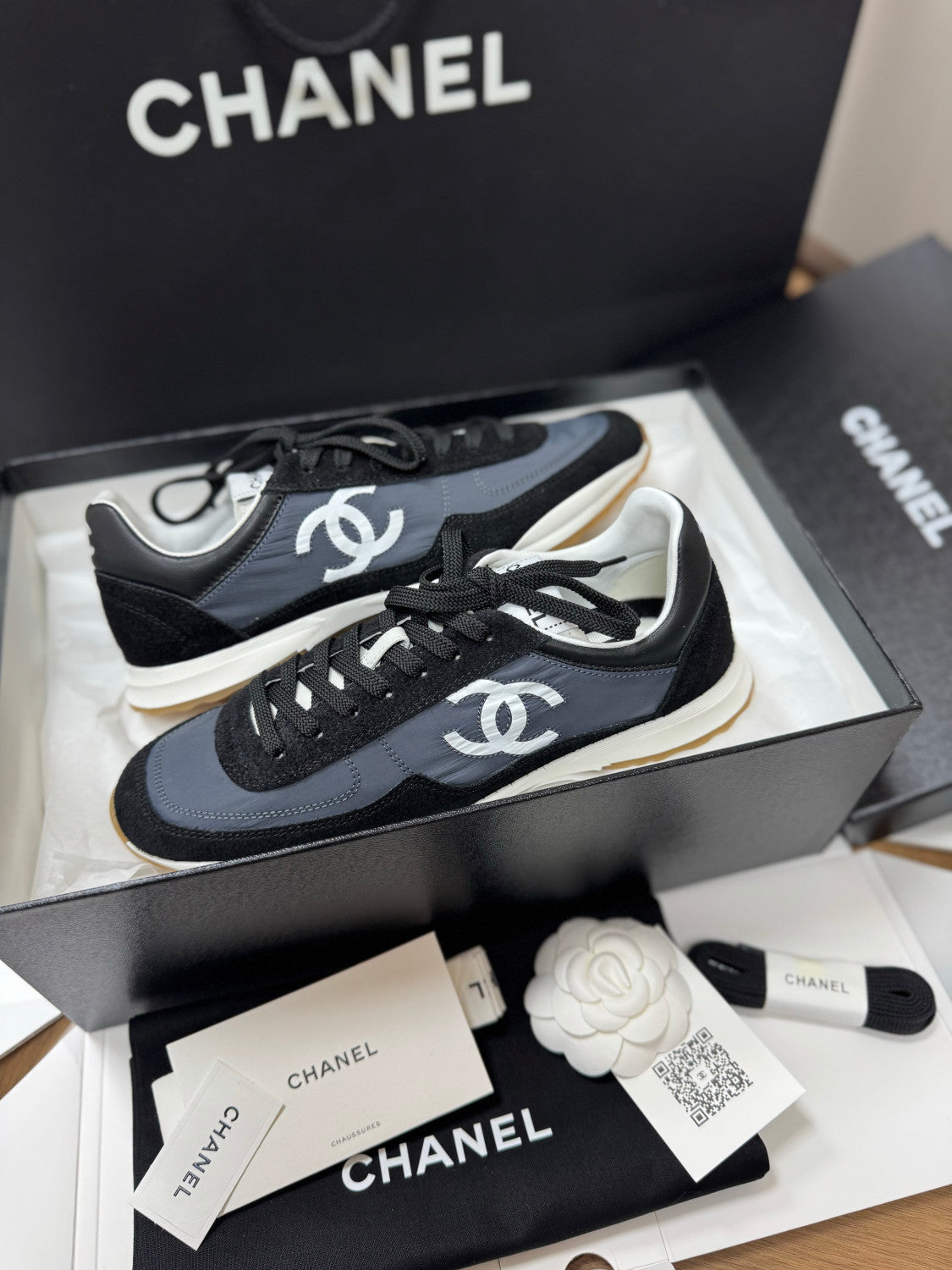 CHANEL Sneakers Calfskin Suede Calfskin White Black #381216