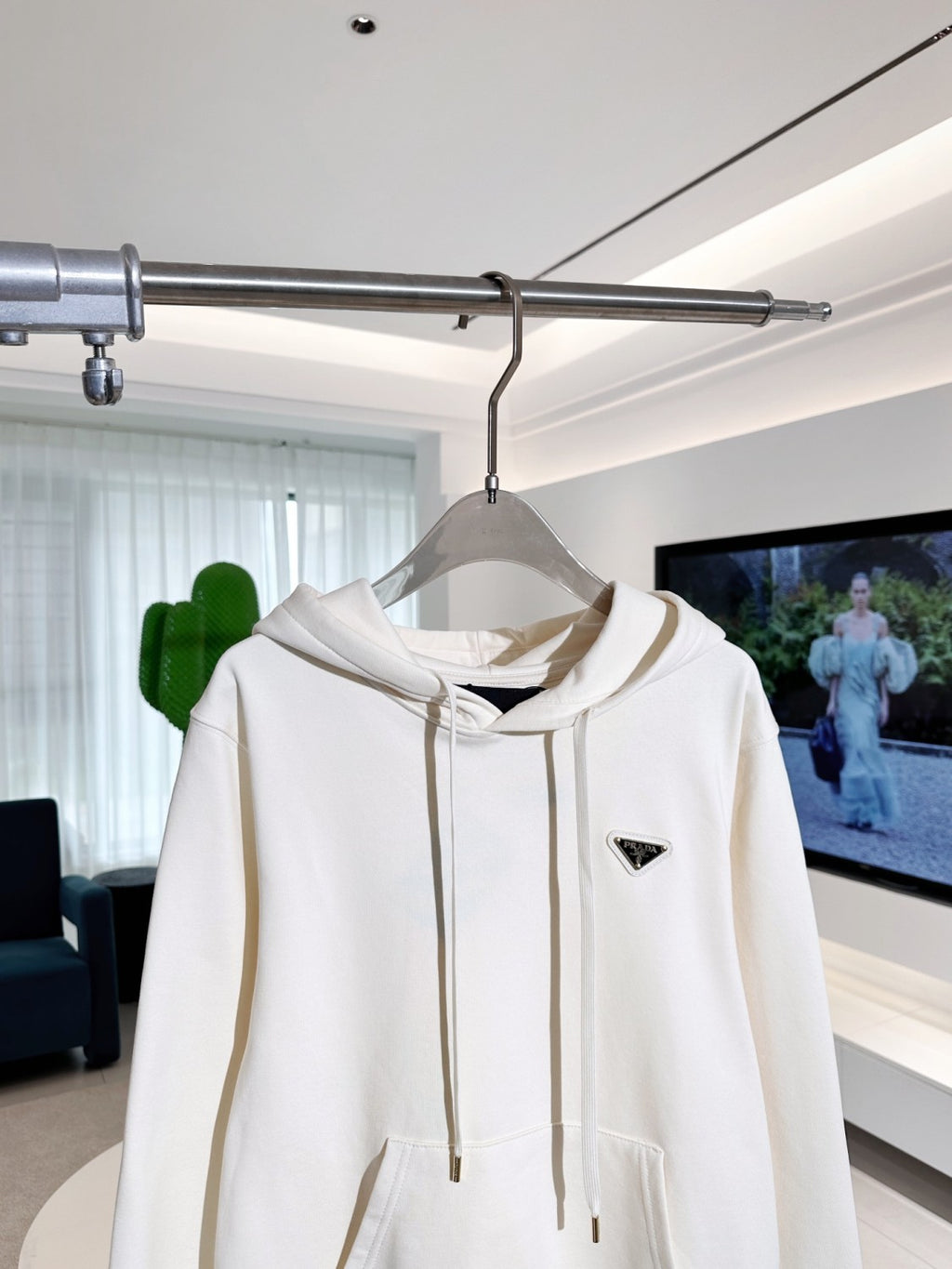 Prada Men's Spring and Autumn Beige Hooded Drawstring Long Sleeve Sweatshirt #72359