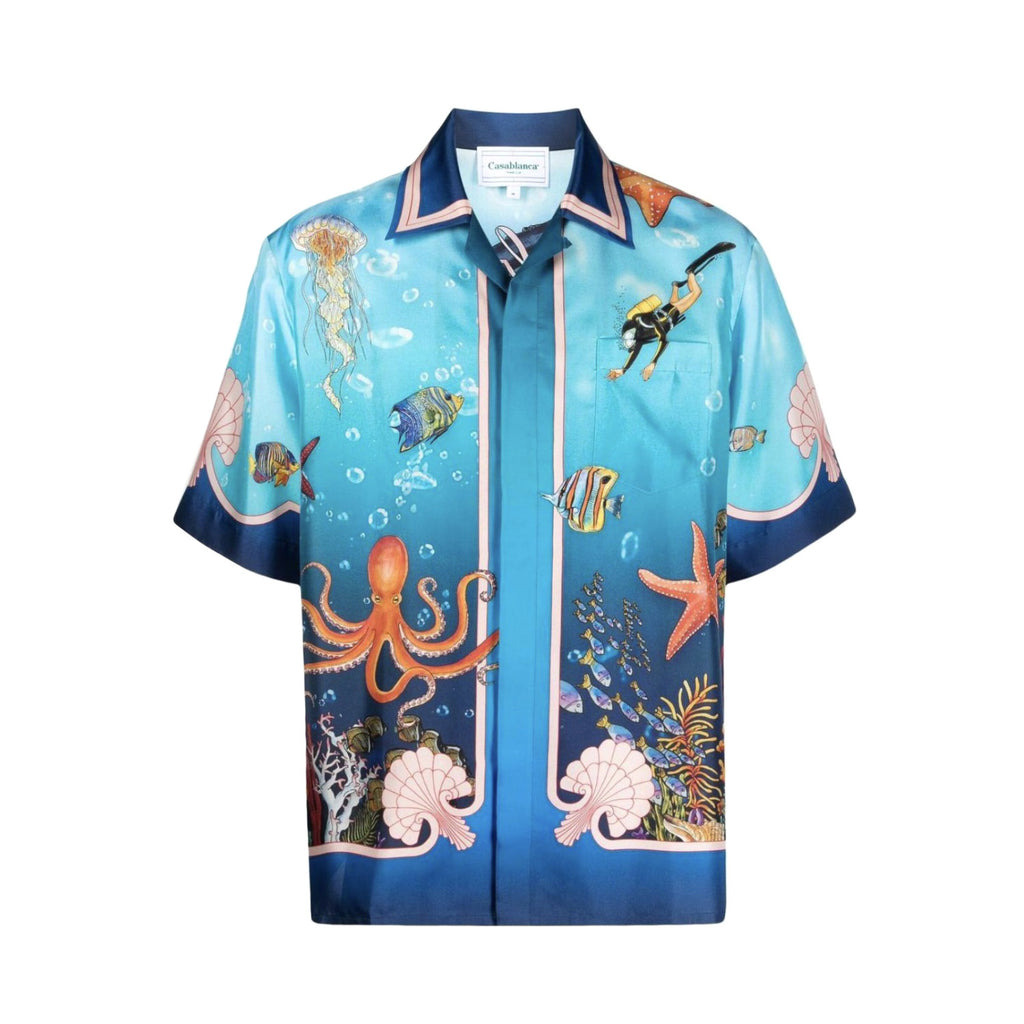 Casablanca Men's Summer Underwater World Pattern Printed Single Breasted Short Sleeve Shirt Casual Lace Up Shorts Set Suit #77126