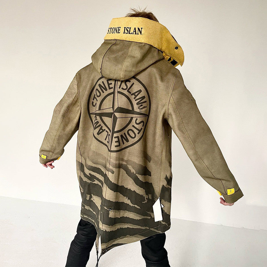 Stone Island Men's Fall And Winter Winter Thickened Suede Printed Hooded Coat Front And Back Wear Jacket With Liner #72395