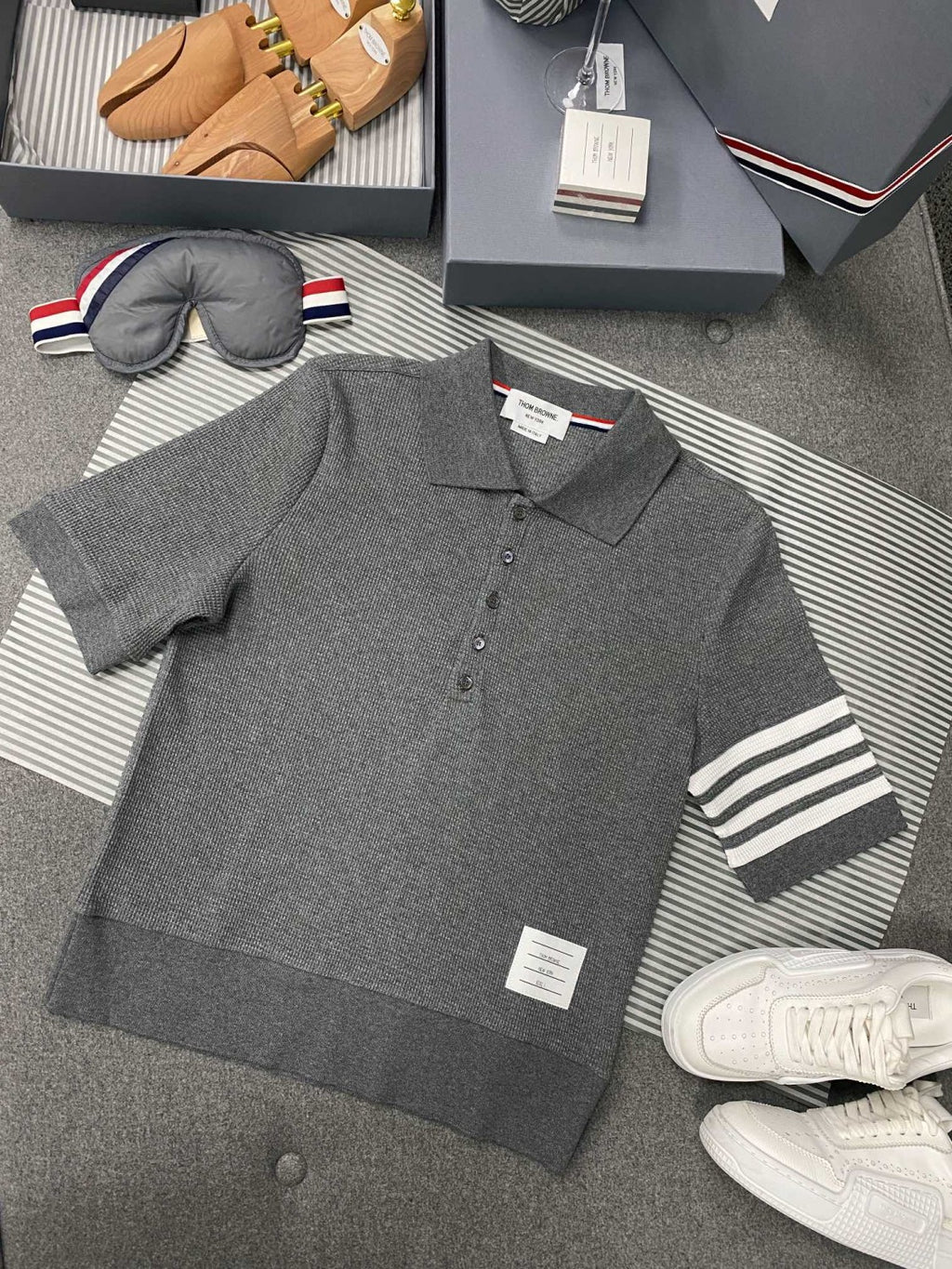 Thom Browne Men's Summer Solid Color Striped Cotton Polo Shirt Short Sleeve T-Shirt #99912