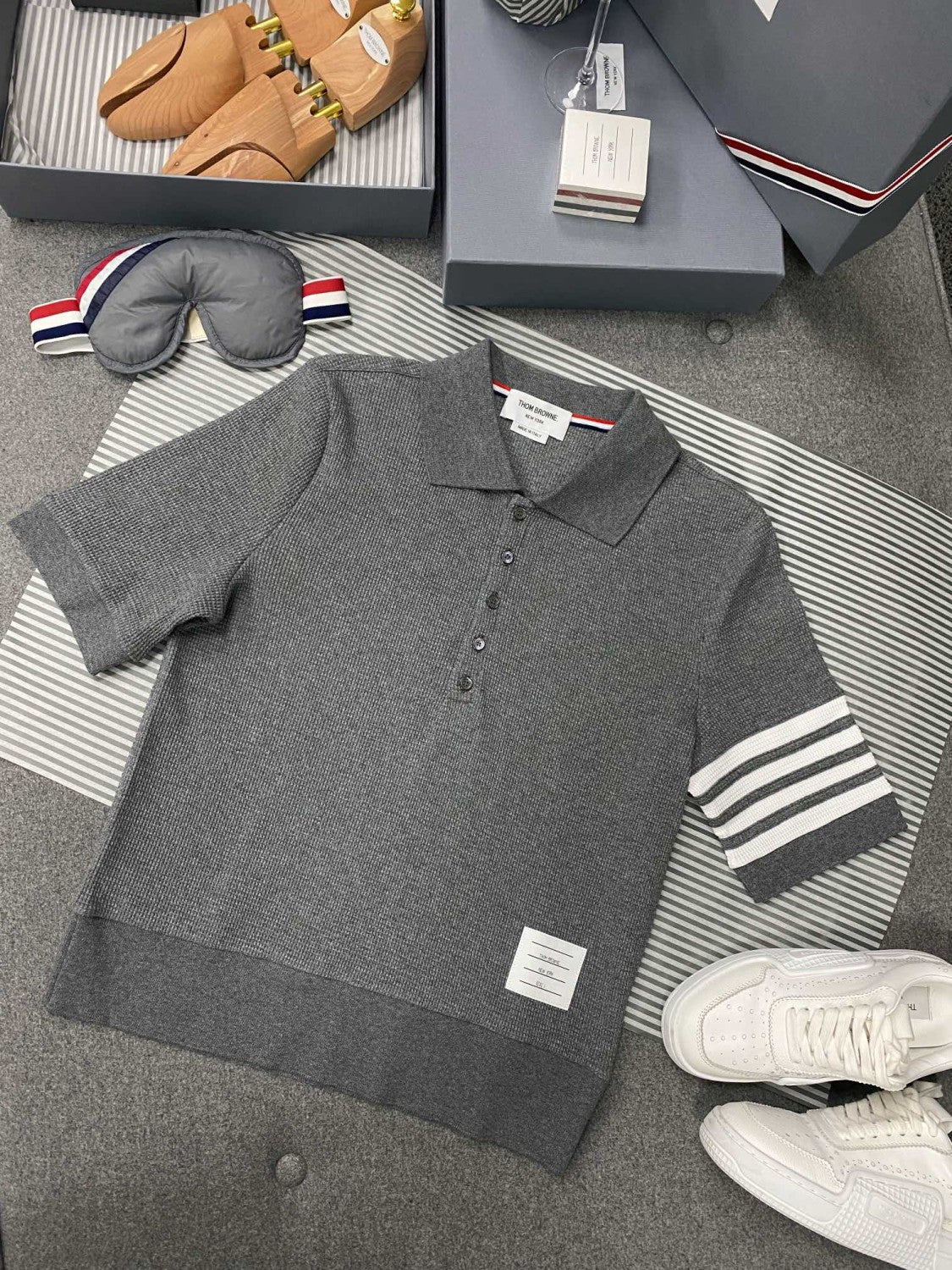 Thom Browne Men's Summer Solid Color Striped Cotton Polo Shirt Short Sleeve T-Shirt #99912