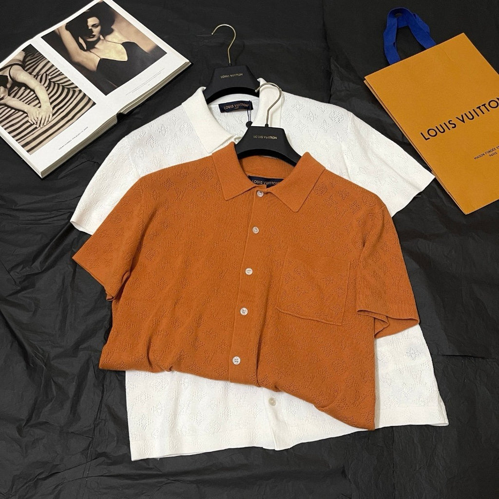 Louis Vuitton Men's Summer Orange Skeleton Letter Printed Single Breasted Short Sleeve Shirt #75627