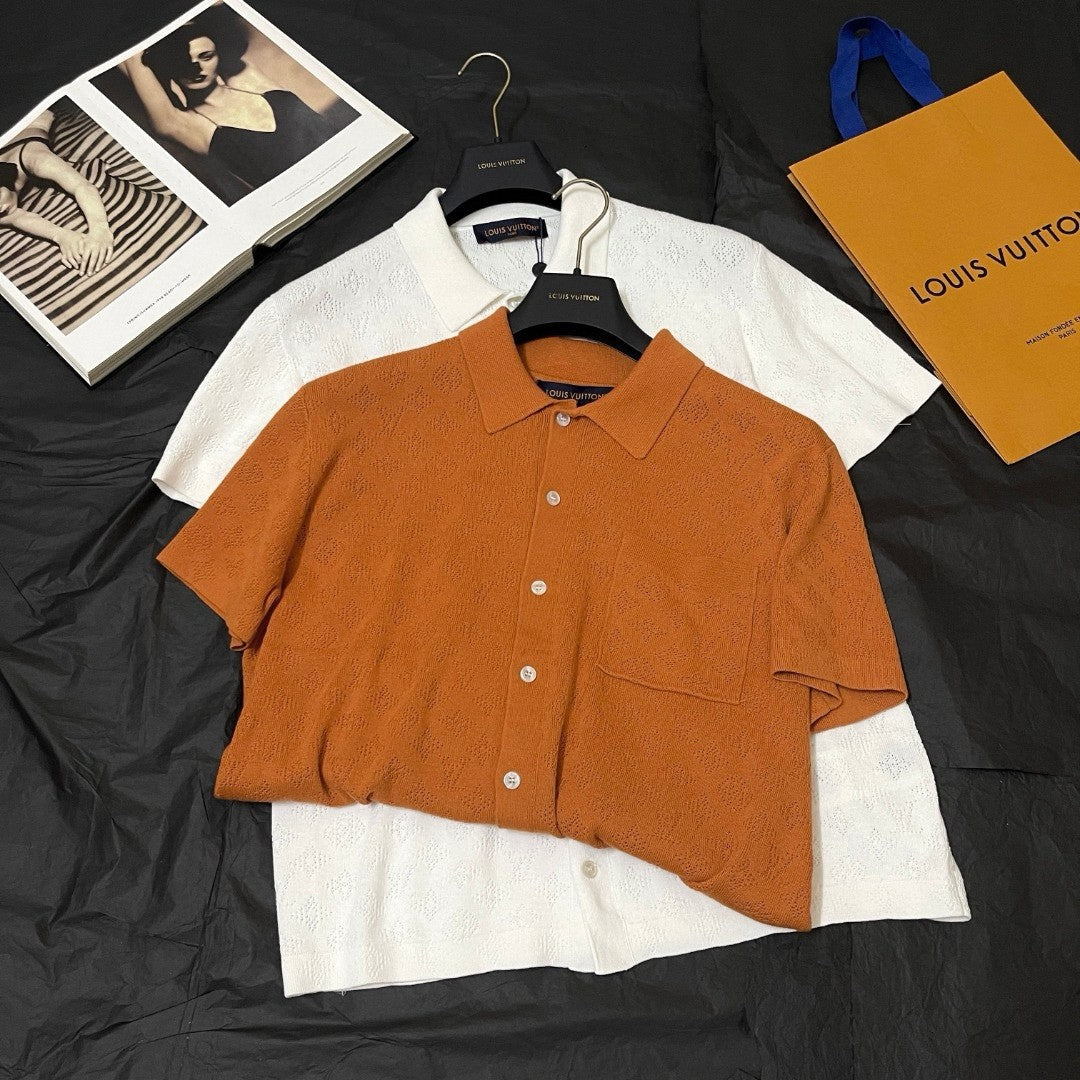 Louis Vuitton Men's Summer Orange Skeleton Letter Printed Single Breasted Short Sleeve Shirt #75627