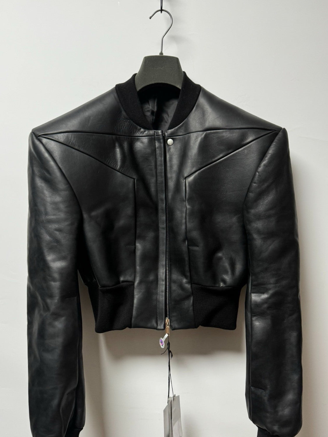 Rick Owens Men's Spring And Autumn Standing Collar Short Shoulder Padded Leather Jacket High Street Hip Hop Zip Long Sleeve Leather Jacket Ngvp #9828