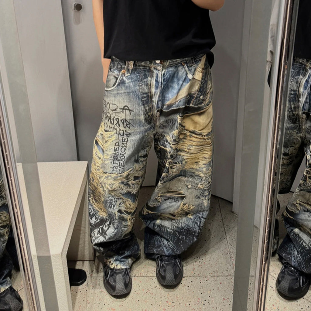 Acne Studios Men's Spring And Summer Ripped Graffiti Mise-en-scène Effect Print Denim Pants Super Loose Fit Jeans Fashion High Street Casual Blue Straight Trousers Ngvp #1186