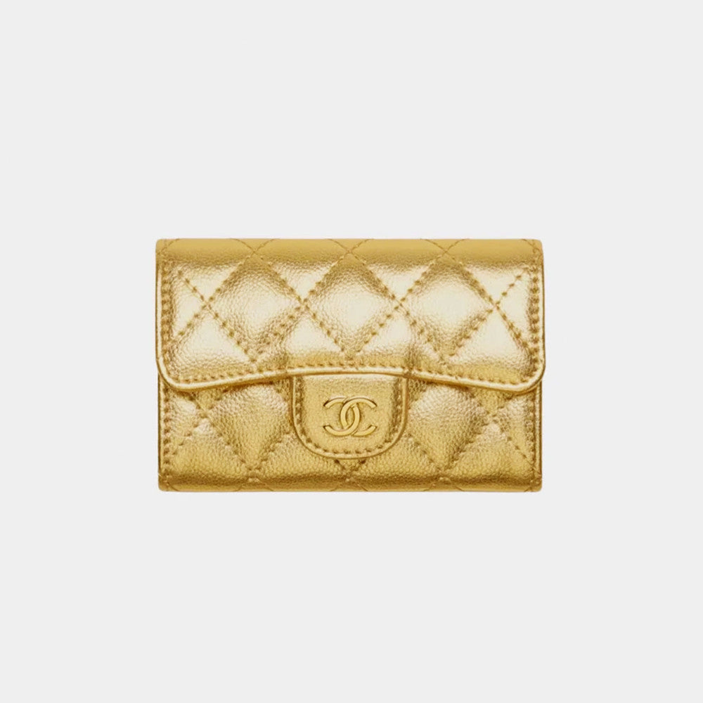 Chanel Black Classic Cf Card Holder With Flip Top Compact Wallet Black And Gold Metallic Finish Bag Bags Metallic-colored Leather Tends To Fade Easil #84161A