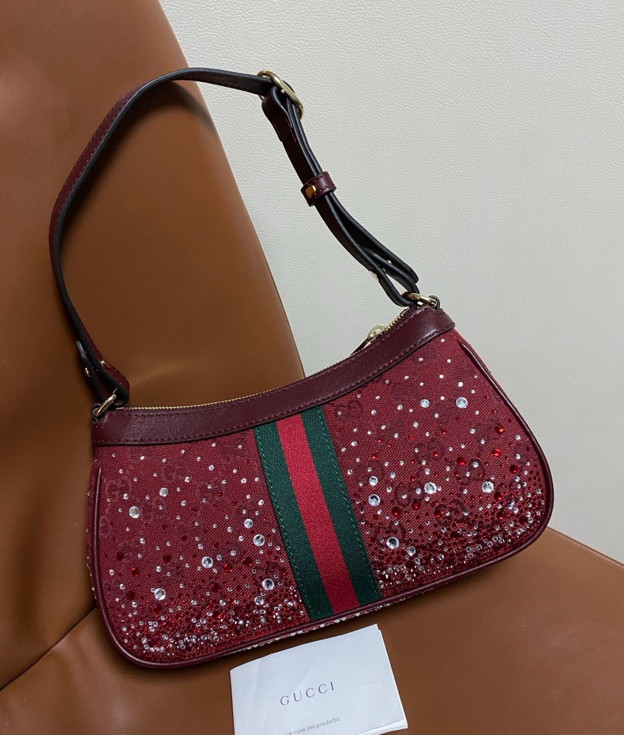 Gucci Ophidia crystals small shoulder bag in Rosso Ancora red GG canvas #335871