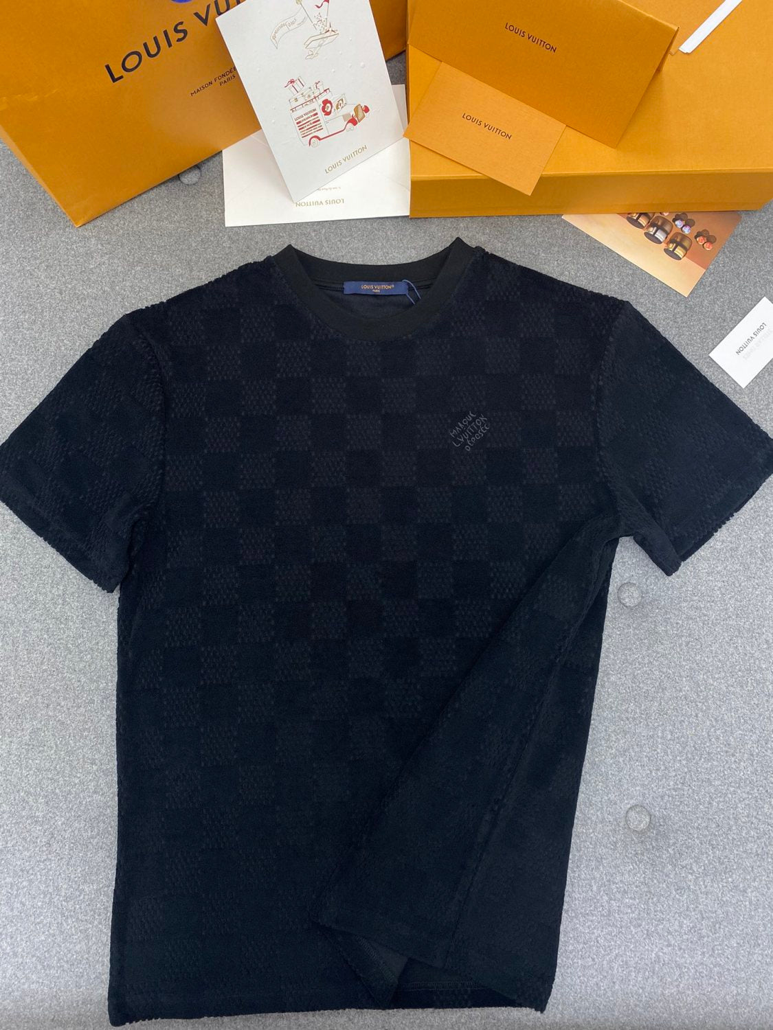 Louis Vuitton Men's Summer Black Embroidered Logo Printed Cotton Short Sleeve T-Shirt Casual Shorts Set Suit #76435