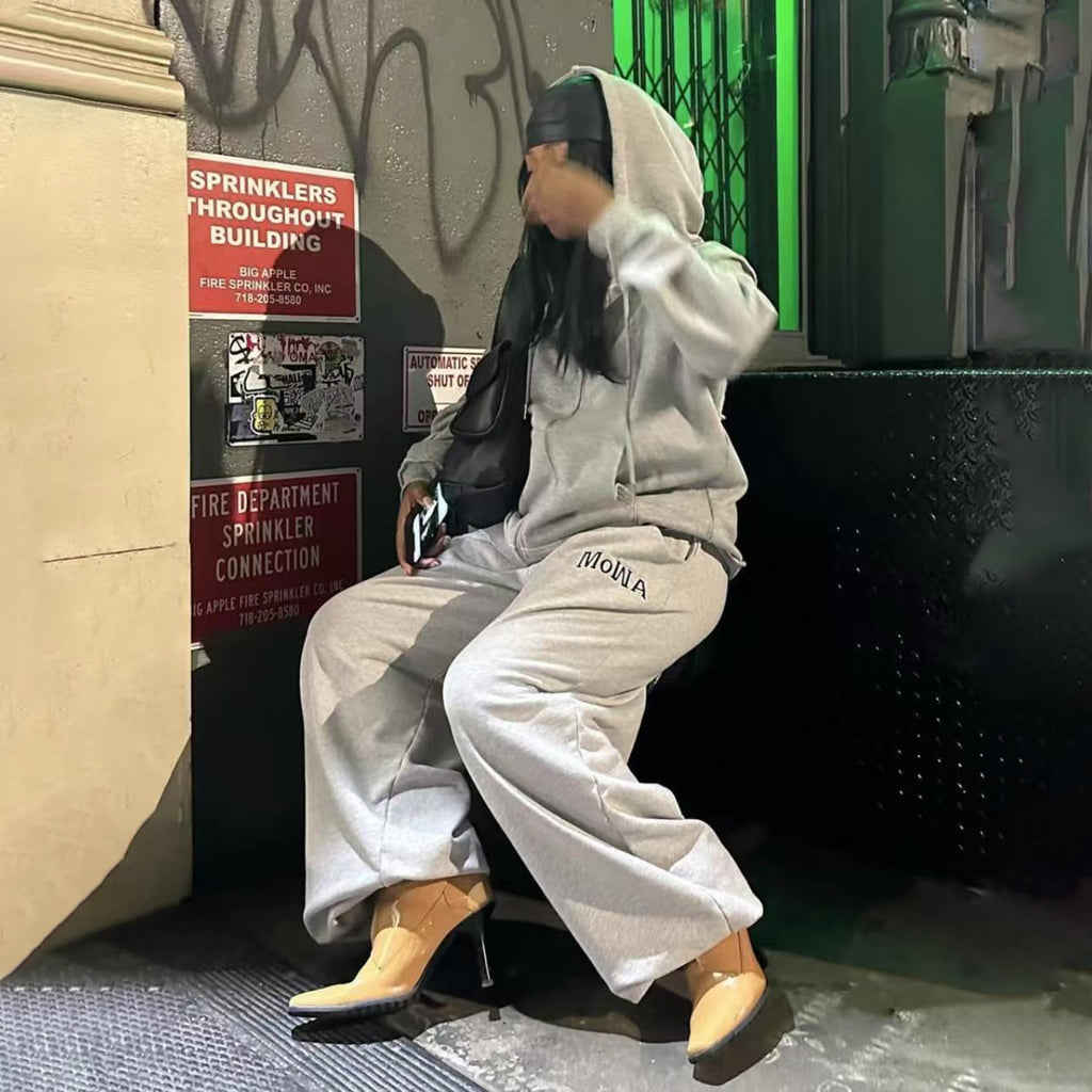 Mowalola Sweat Suit Sport Gray Suit Loose Cotton Men's And Women's Spring And Fall Casual Simple Embroidery Letters Hooded Sweatshirt Sweatpants Ngvp #1746